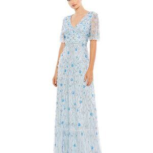 Mac Duggal Embellished V Neck Empire Waist Ruffle Hem Gown Powder Blue Size 12